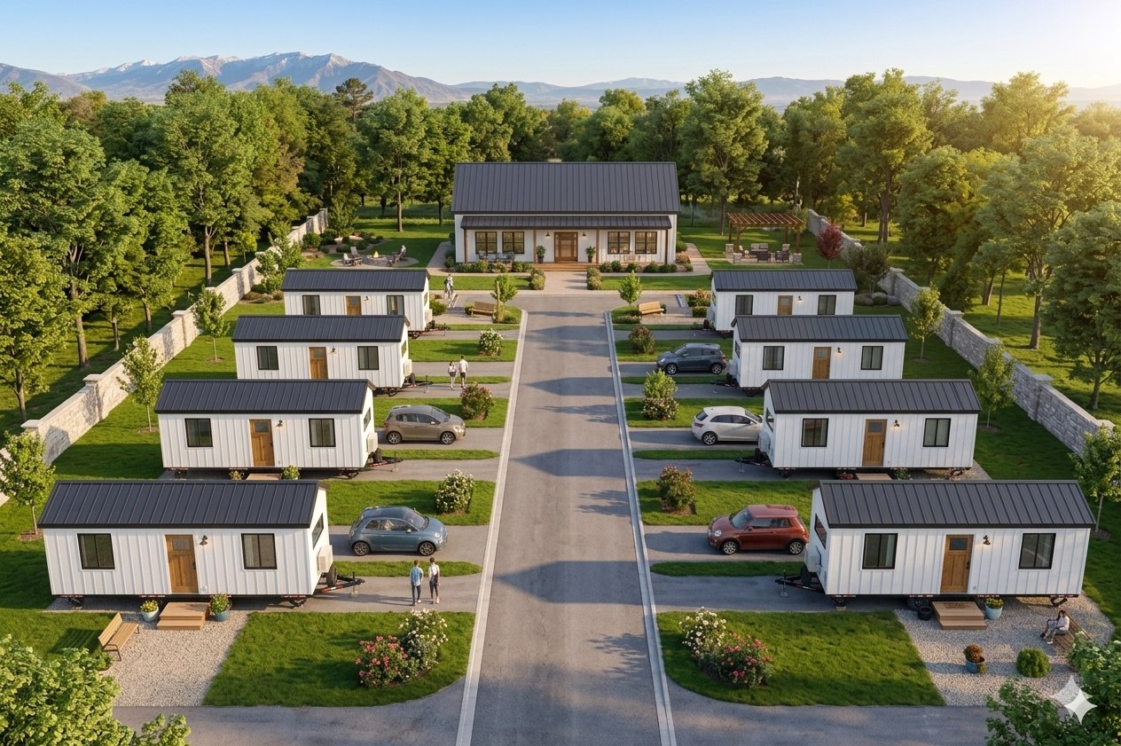 A Cocoon Homes community of tiny homes with mountains beyond