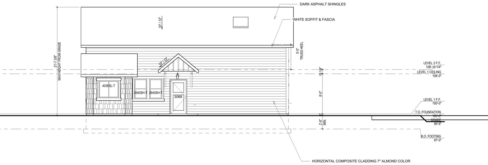 Front elevation drawing for a Cocoon ADU with lap siding and a covered entry