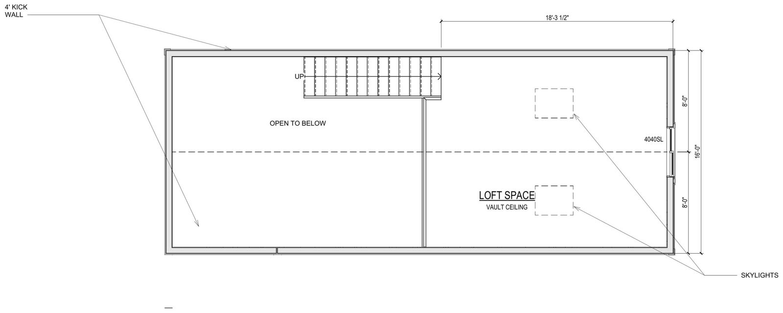 Upper floor plan sheet showing a vaulted loft space with skylights