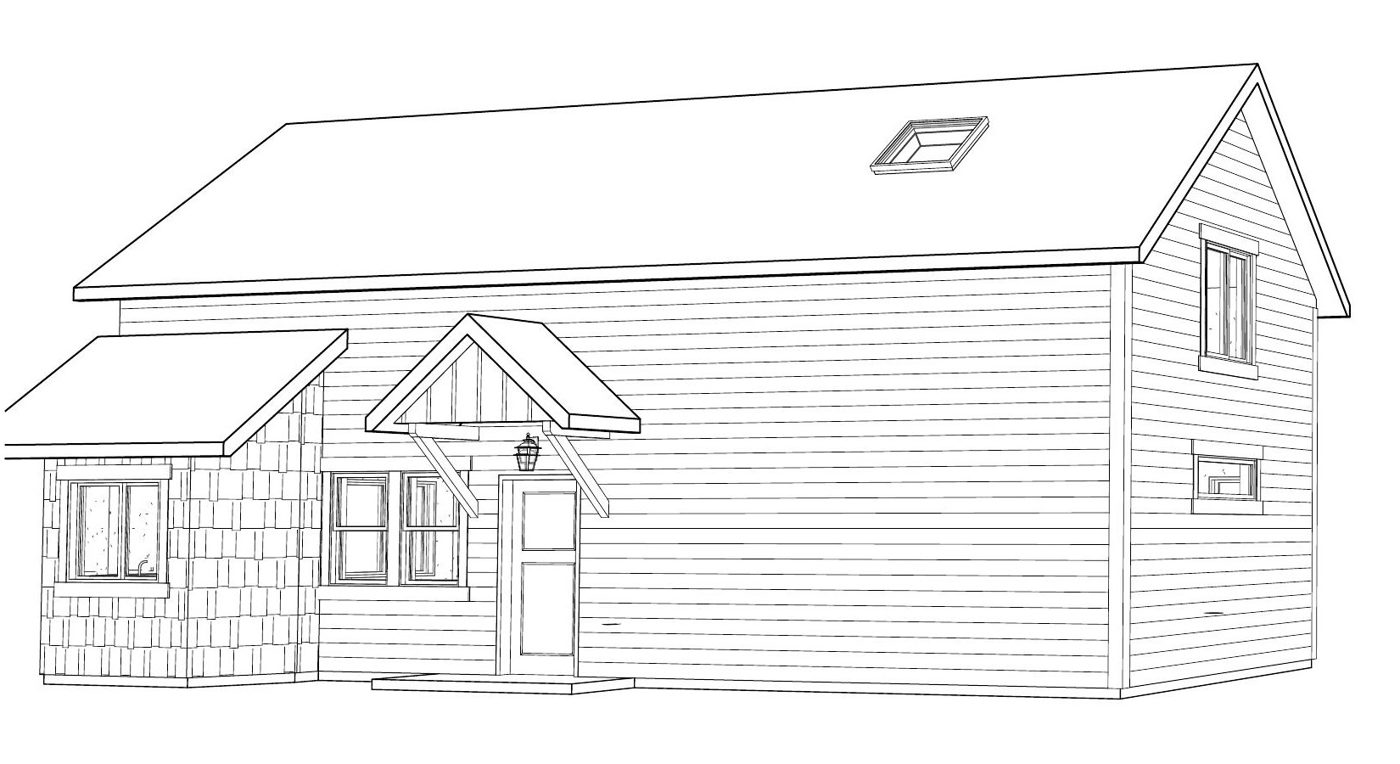 Architectural corner perspective drawing of a 1,000 square foot Cocoon ADU