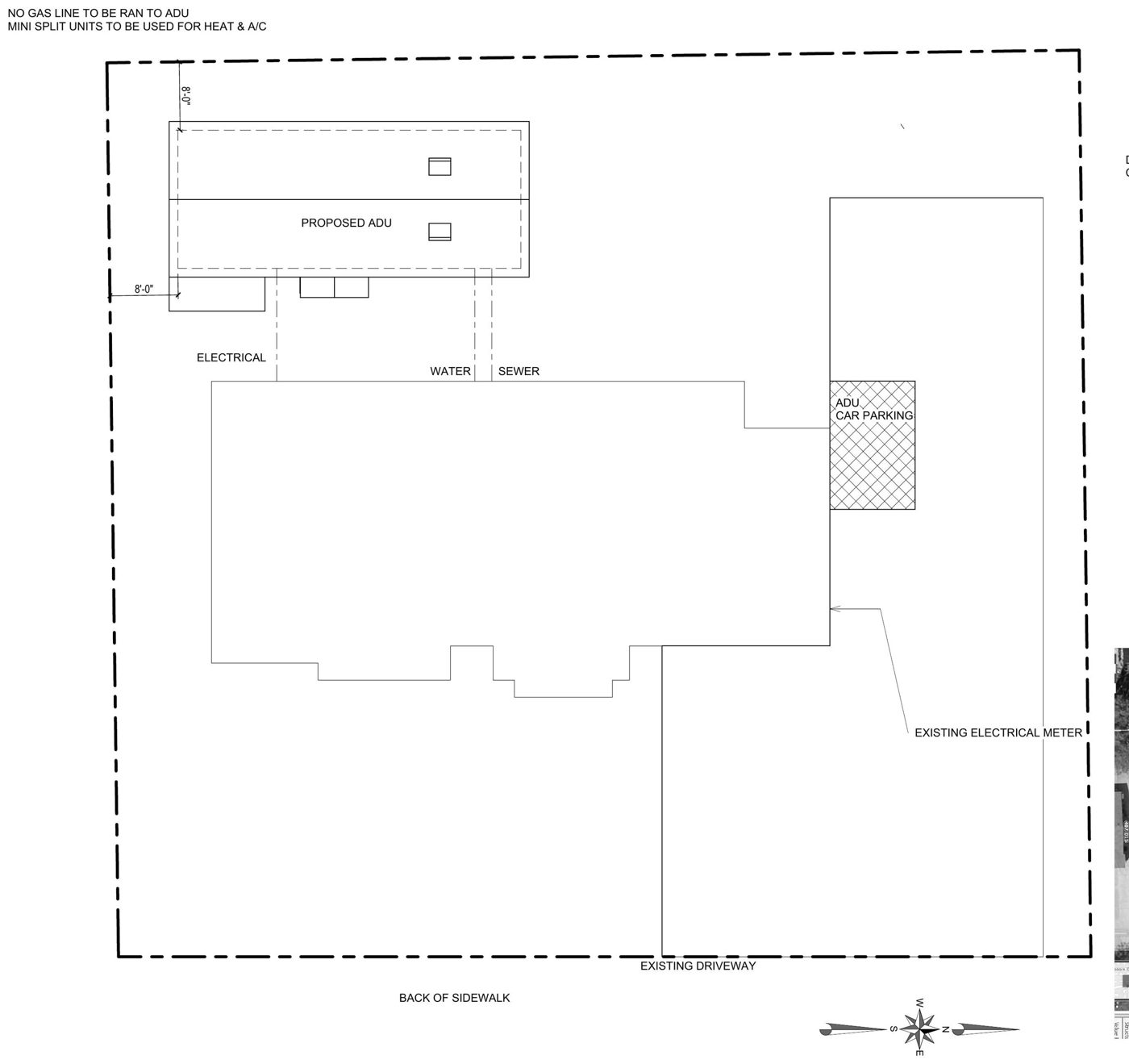 Site plan sheet for a Cocoon ADU showing the proposed unit, the existing home, and utility routing