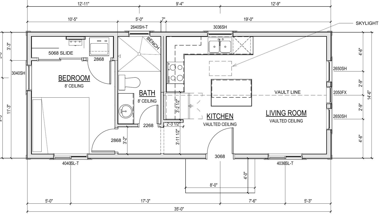 Main floor plan of a 750 square foot Cocoon ADU with one bedroom, one bath, kitchen and vaulted living room