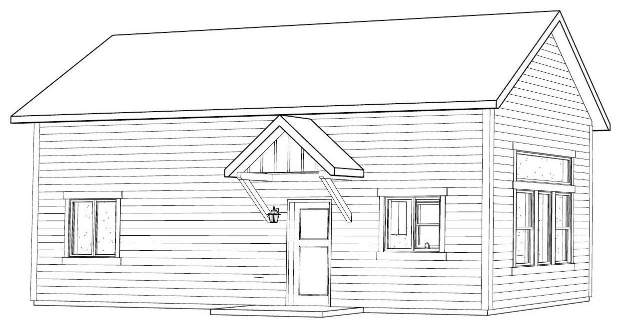 Architectural corner perspective drawing of a 750 square foot Cocoon ADU