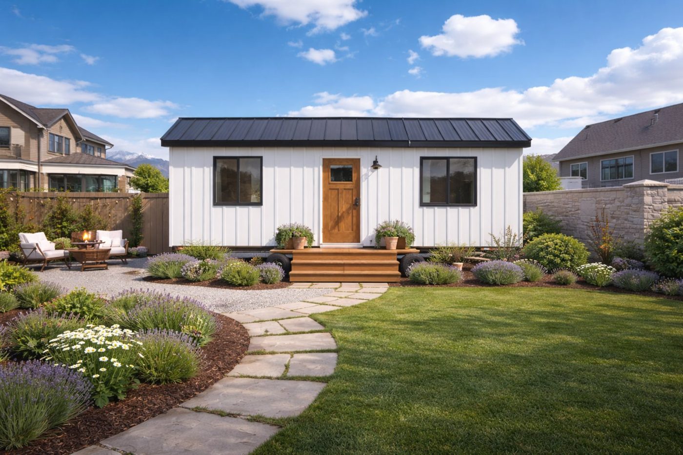 A Cocoon ADU set on a permanent foundation with landscaping, a walkway and a covered entry