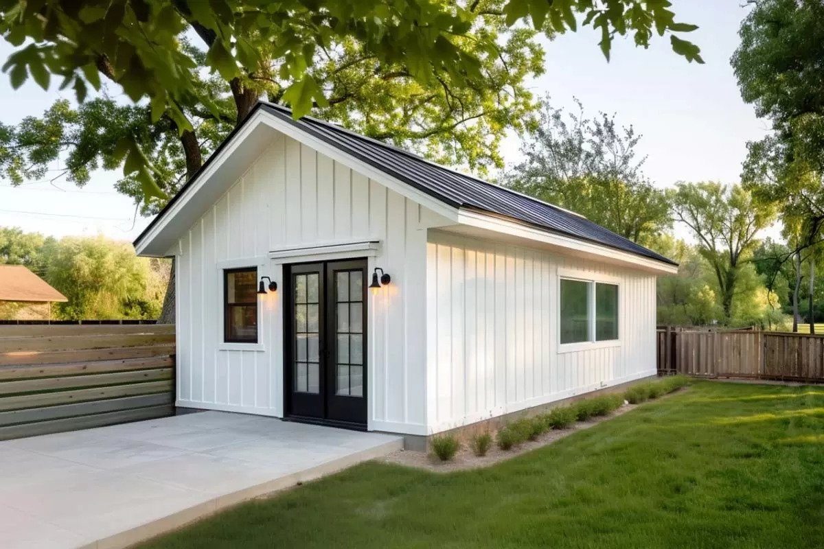 Side view of a finished Cocoon ADU on a foundation with lap siding and a gabled roof