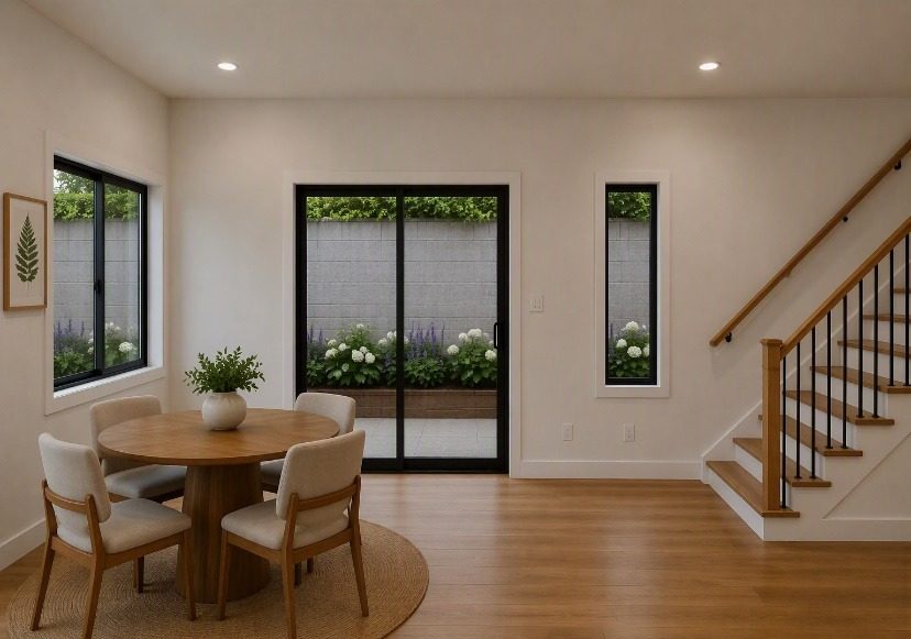 Dining area inside a Cocoon ADU with large windows and stairs to the loft