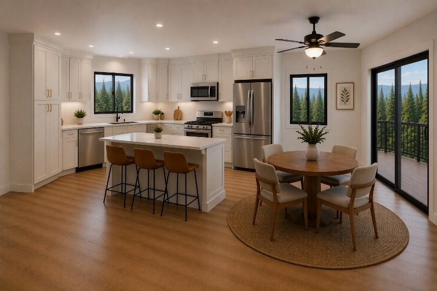 Full kitchen inside a Cocoon ADU with an island, stainless appliances and a dining area