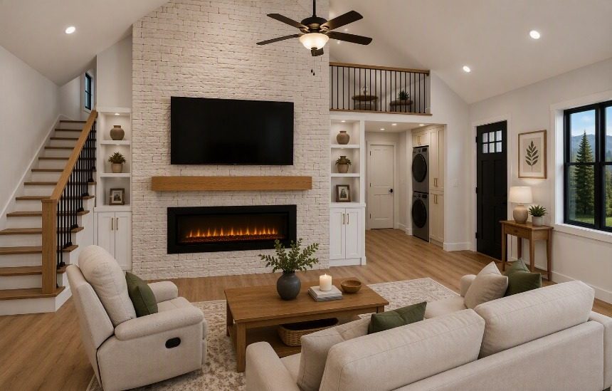 Living room inside a Cocoon ADU with a fireplace, vaulted ceiling and stairs to a loft