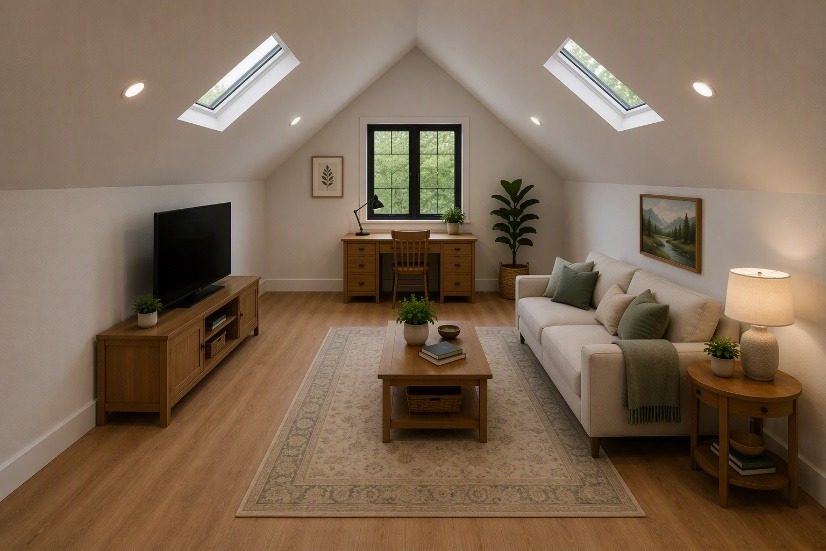 Vaulted loft living space inside a Cocoon ADU with skylights