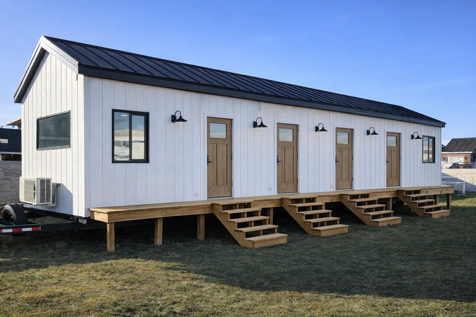 A Cocoon workforce housing fourplex — four private front doors on one towable white board-and-batten unit